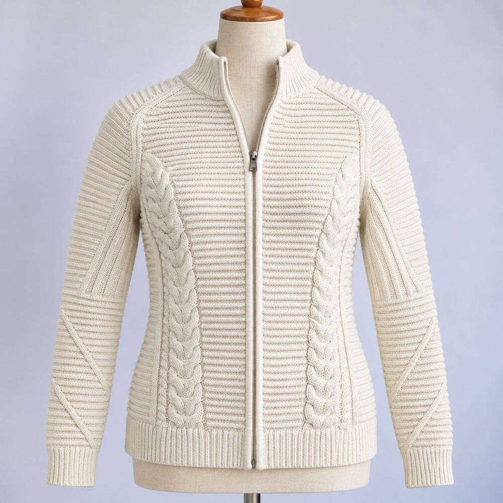 GAP Womens S Cotton Cream Chunky Knit Full Zip Sweater Cardigan High Neck Ivory